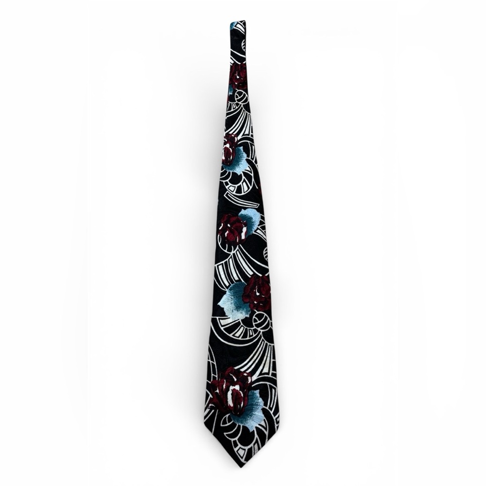 Black White & Red‎ Chez Roffe Silk Floral Abstract Neck Tie